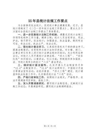 XX年县统计法规工作要点