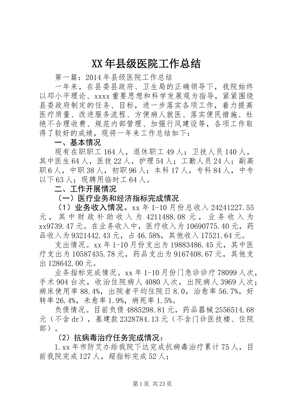 XX年县级医院工作总结_第1页