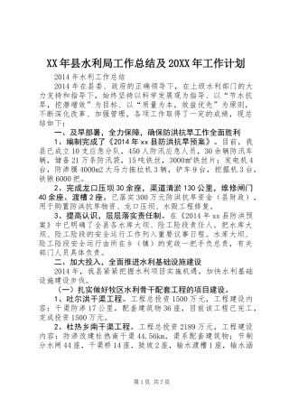 XX年县水利局工作总结及20XX年工作计划