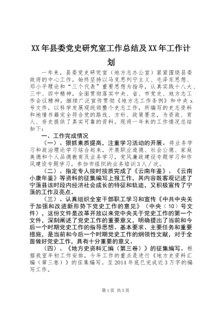 XX年县委党史研究室工作总结及XX年工作计划
