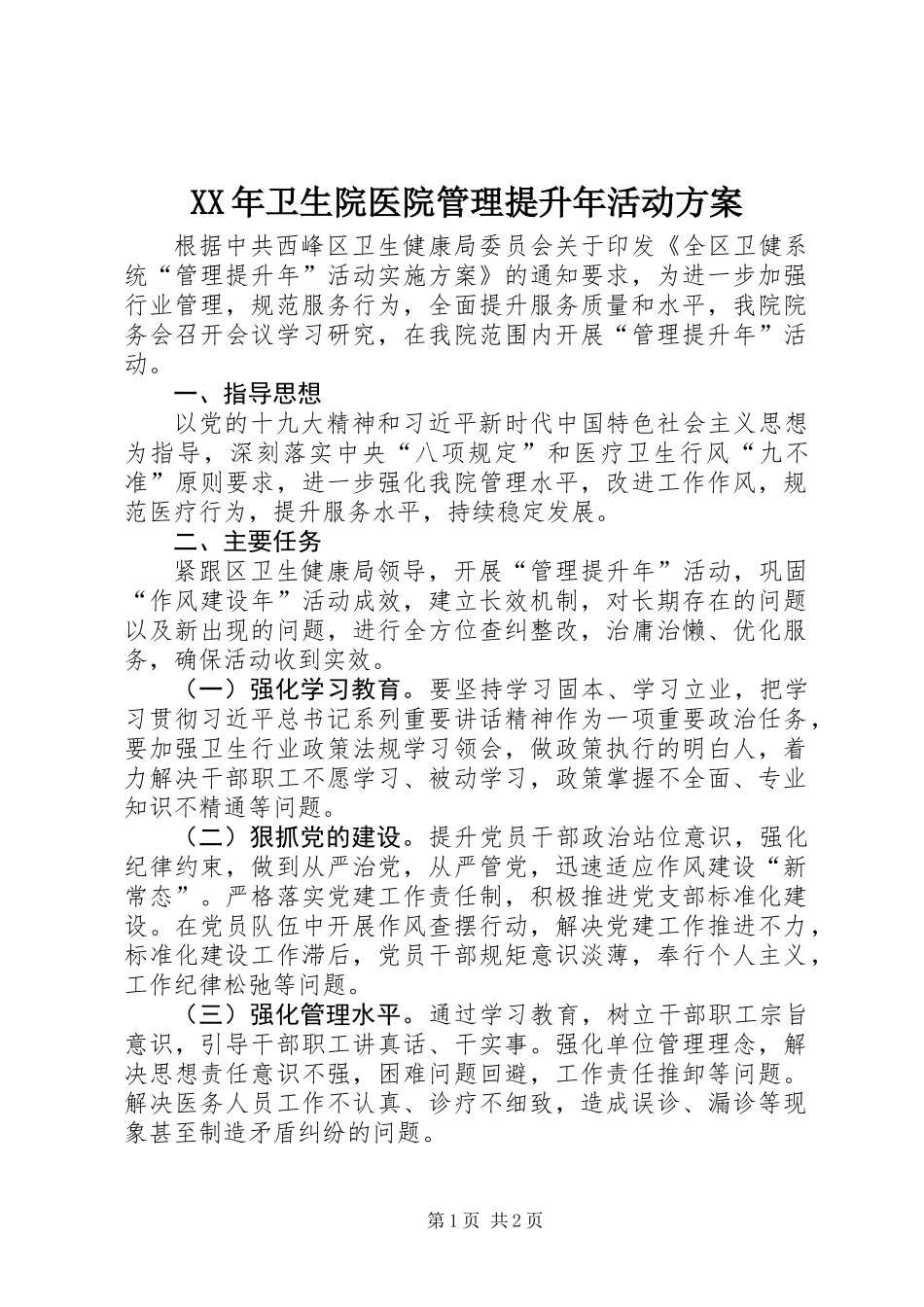 XX年卫生院医院管理提升年活动方案_第1页