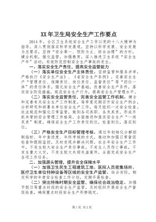 XX年卫生局安全生产工作要点