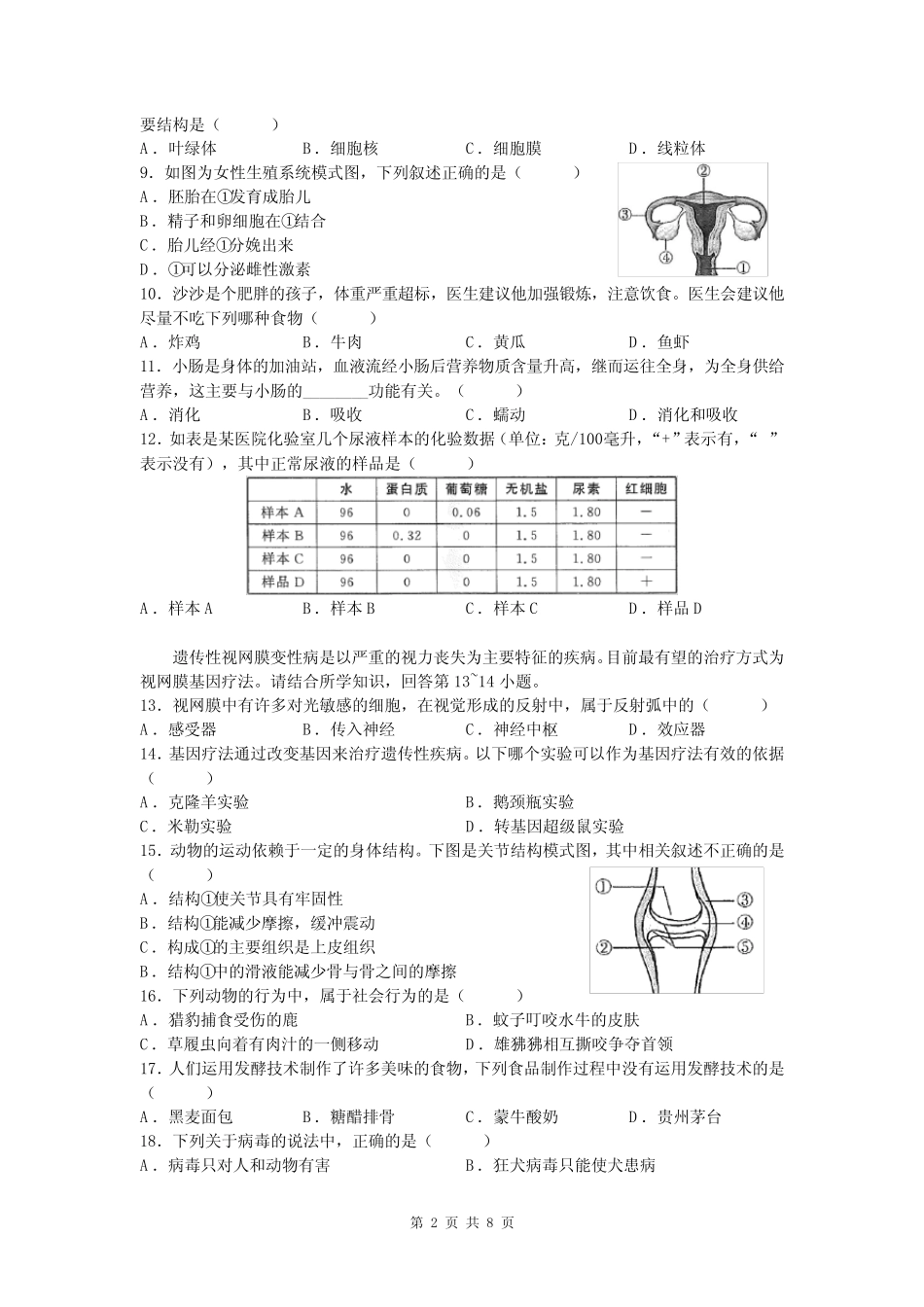 2023年湖南省长沙市初中学业水平考试适应性生物试题(五) _第2页