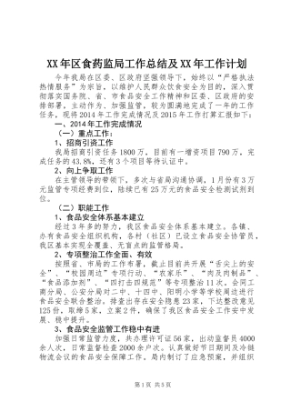 XX年区食药监局工作总结及XX年工作计划