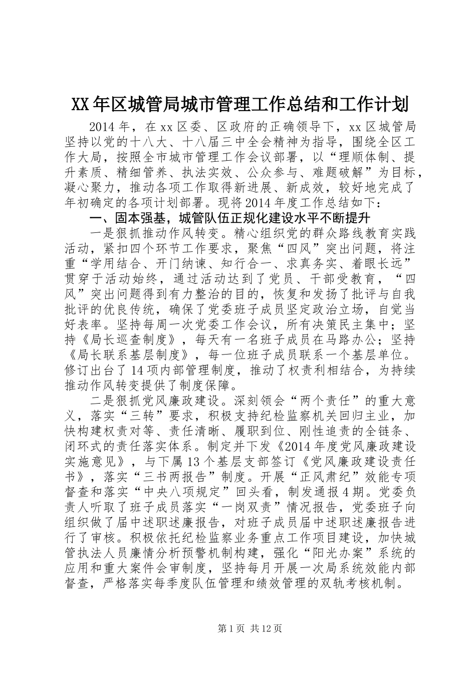 XX年区城管局城市管理工作总结和工作计划_第1页