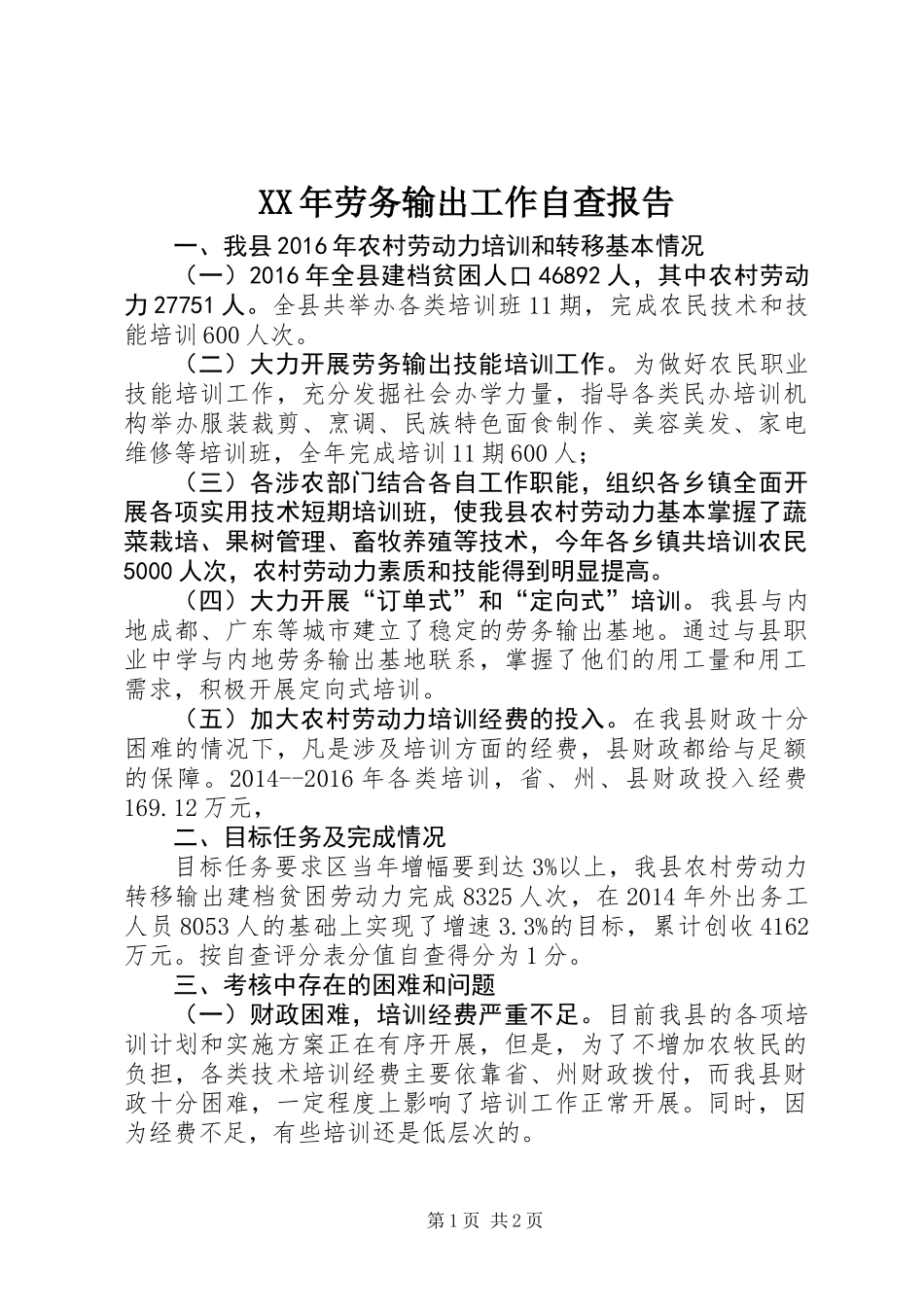 XX年劳务输出工作自查报告_第1页