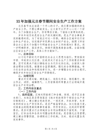XX年加强元旦春节期间安全生产工作方案