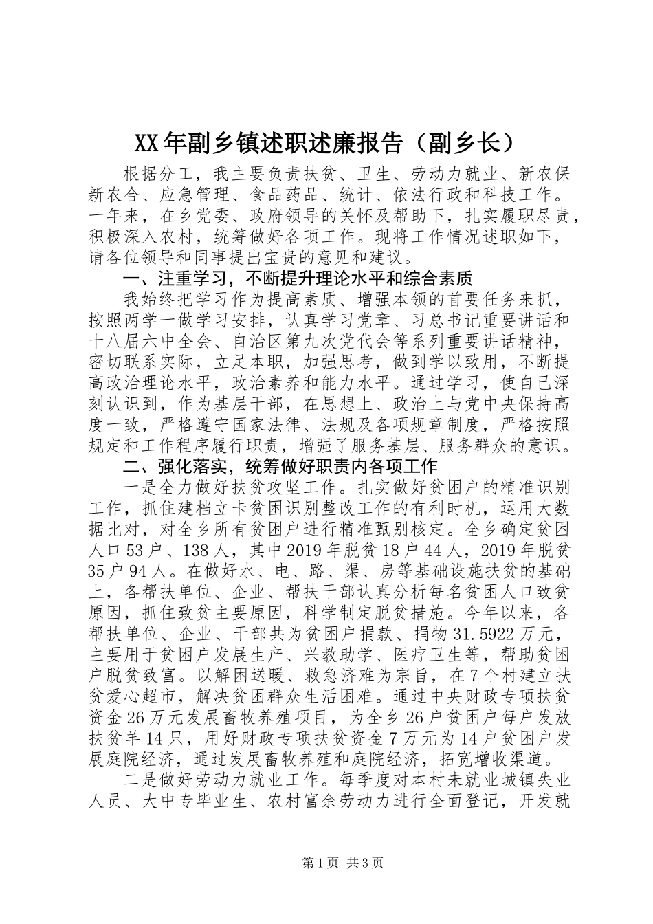 XX年副乡镇述职述廉报告（副乡长）_第1页