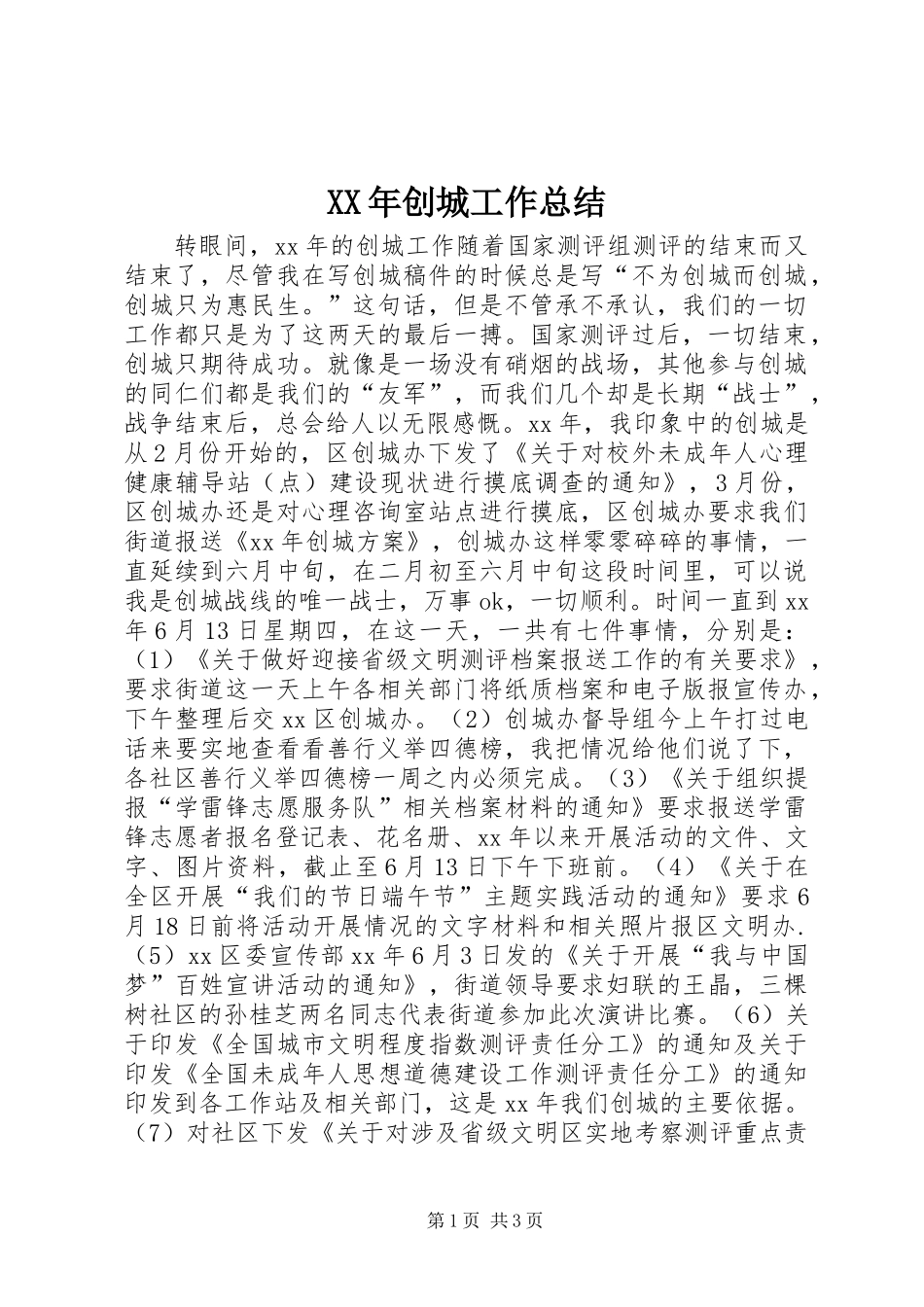 XX年创城工作总结_第1页