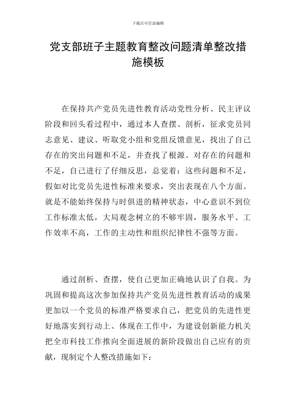 党支部班子主题教育整改问题清单整改措施模板_第1页