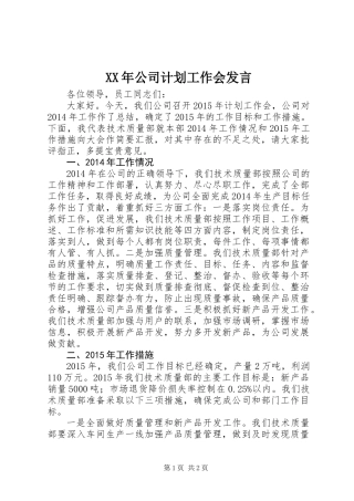 XX年公司计划工作会发言