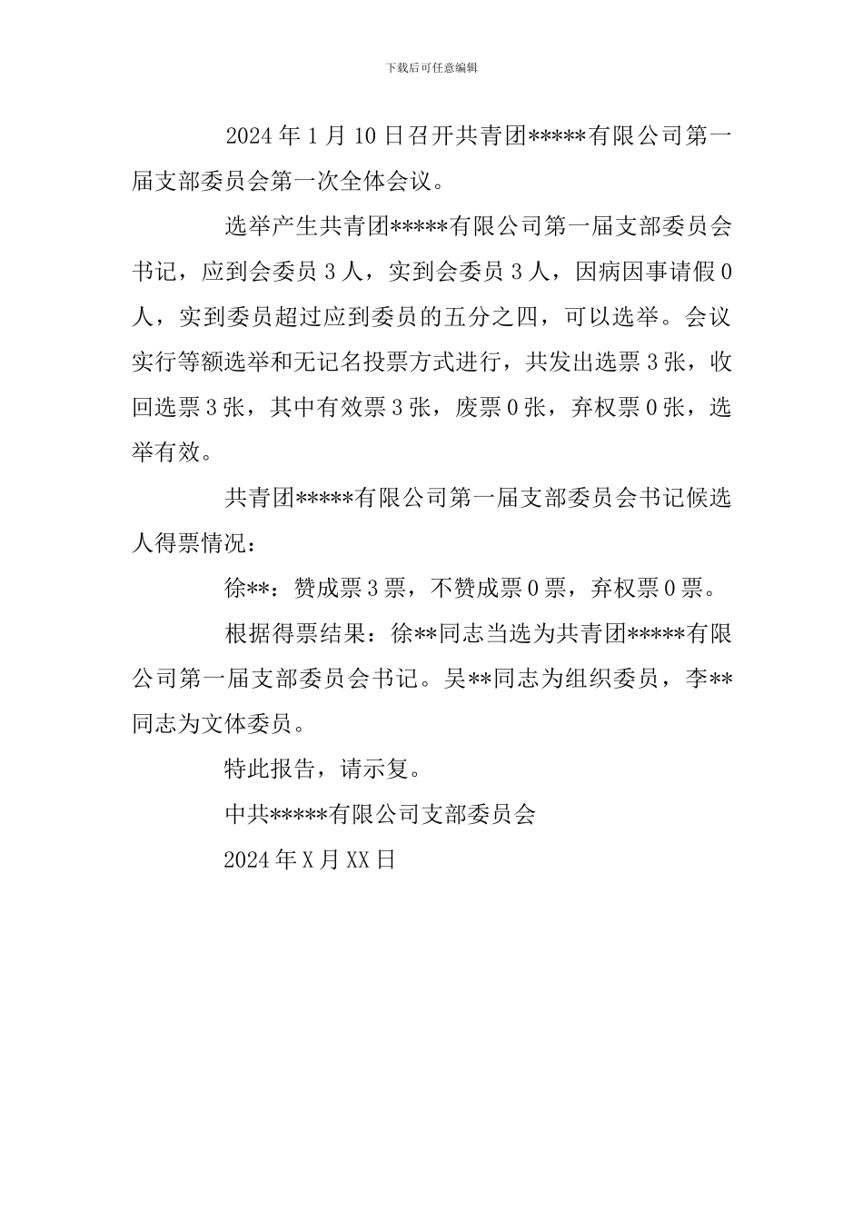 关于共青团XXX有限公司支部委员会第一次团员大会和第一届委员会第一次全体会议选举结果的报告_第2页