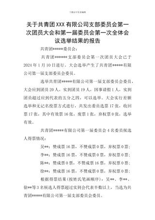 关于共青团XXX有限公司支部委员会第一次团员大会和第一届委员会第一次全体会议选举结果的报告