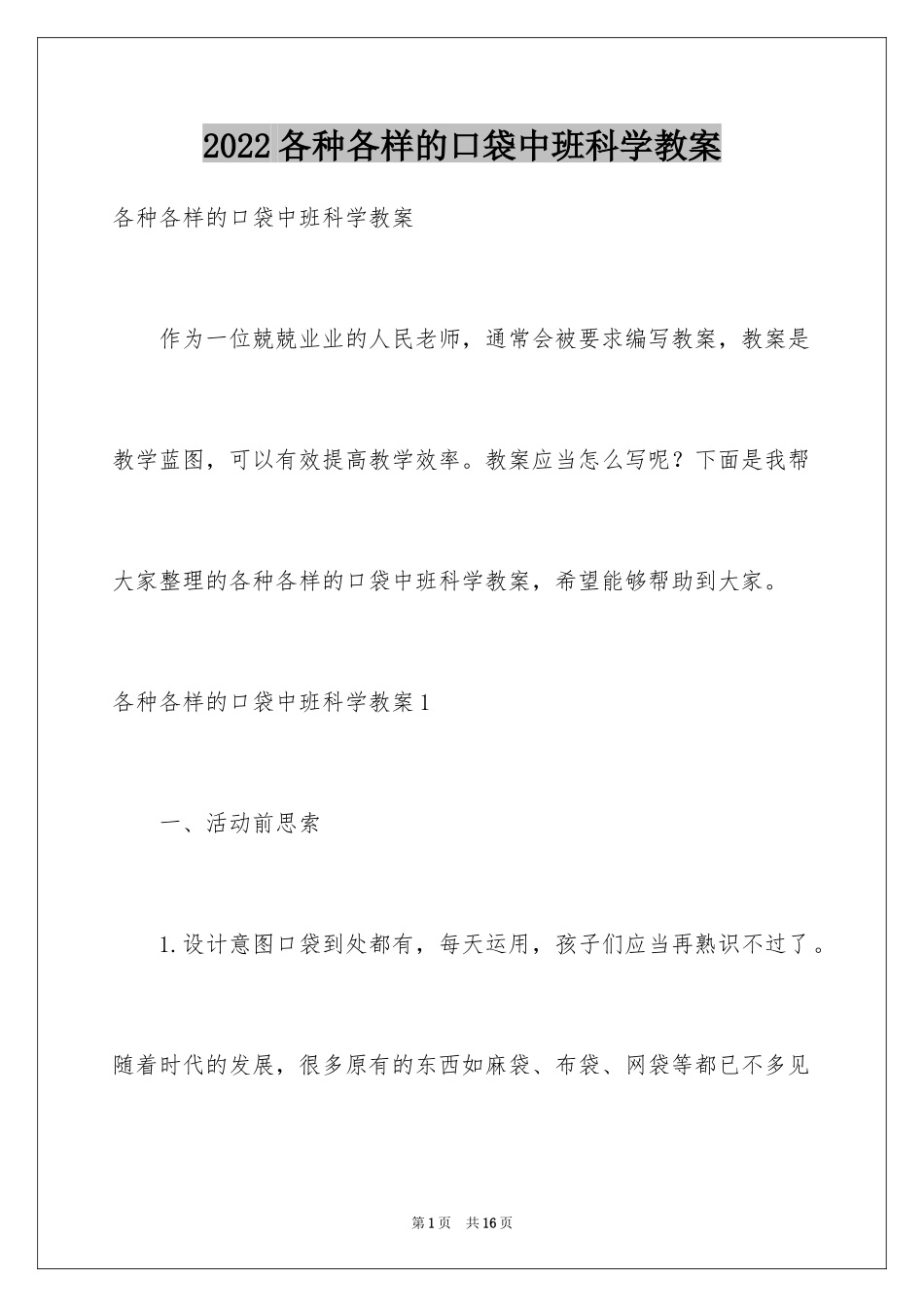 2024各种各样的口袋中班科学教案_第1页