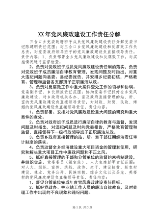 XX年党风廉政建设工作责任分解