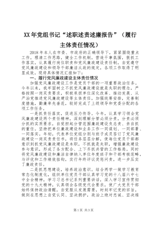 XX年党组书记“述职述责述廉报告”（履行主体责任情况）