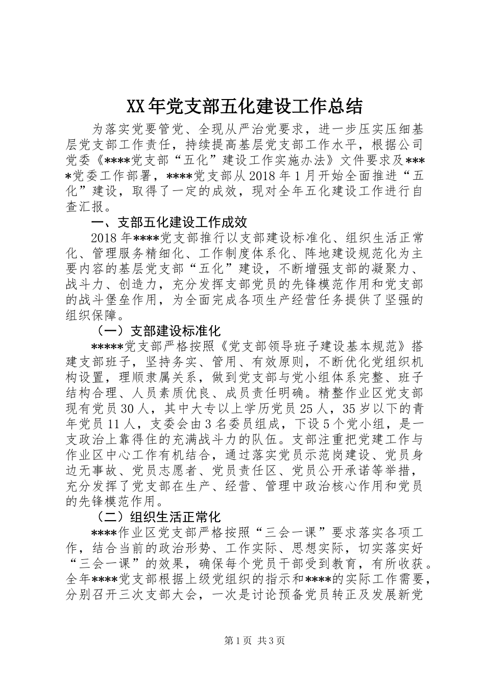 XX年党支部五化建设工作总结_第1页