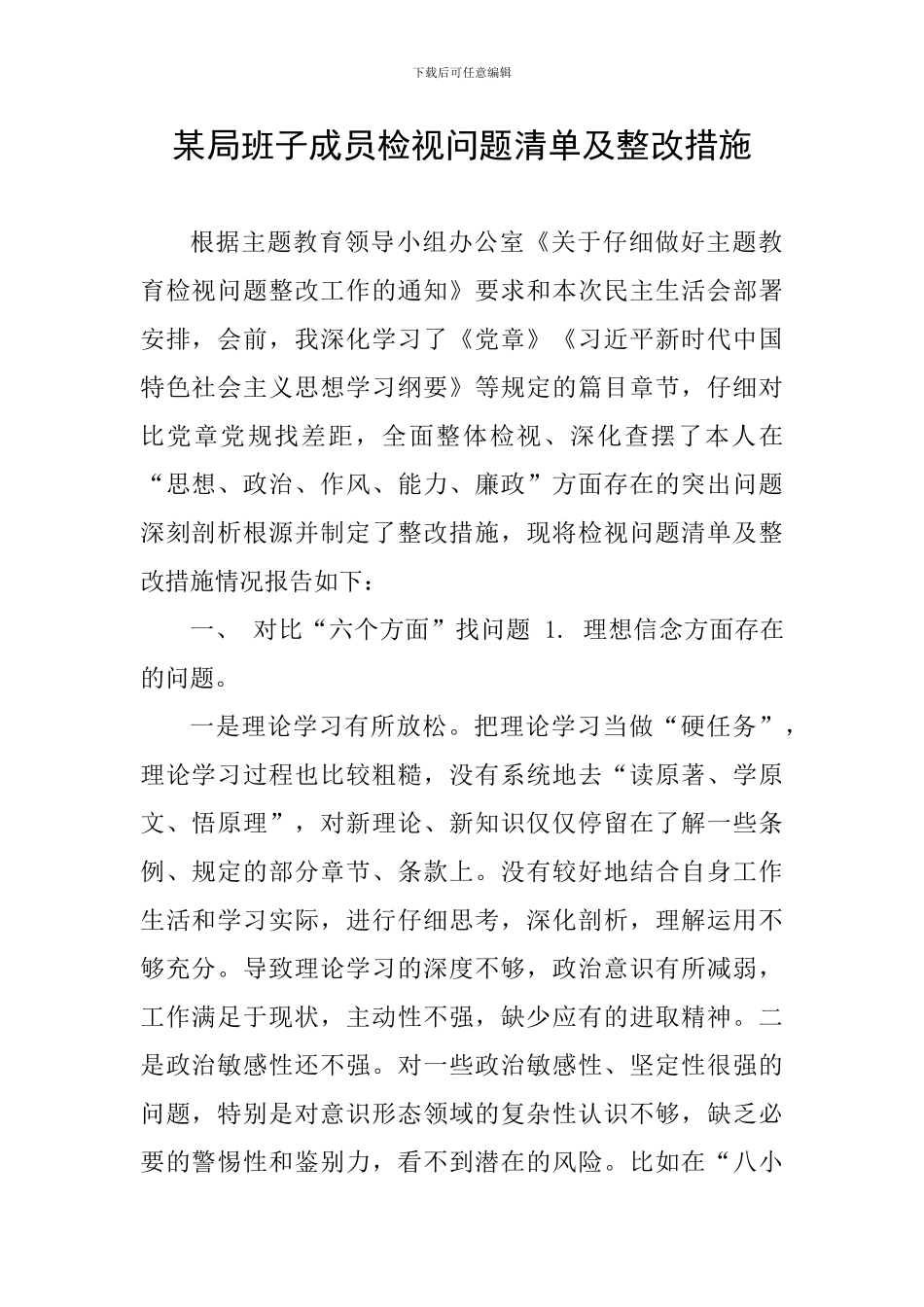 某局班子成员检视问题清单及整改措施_第1页