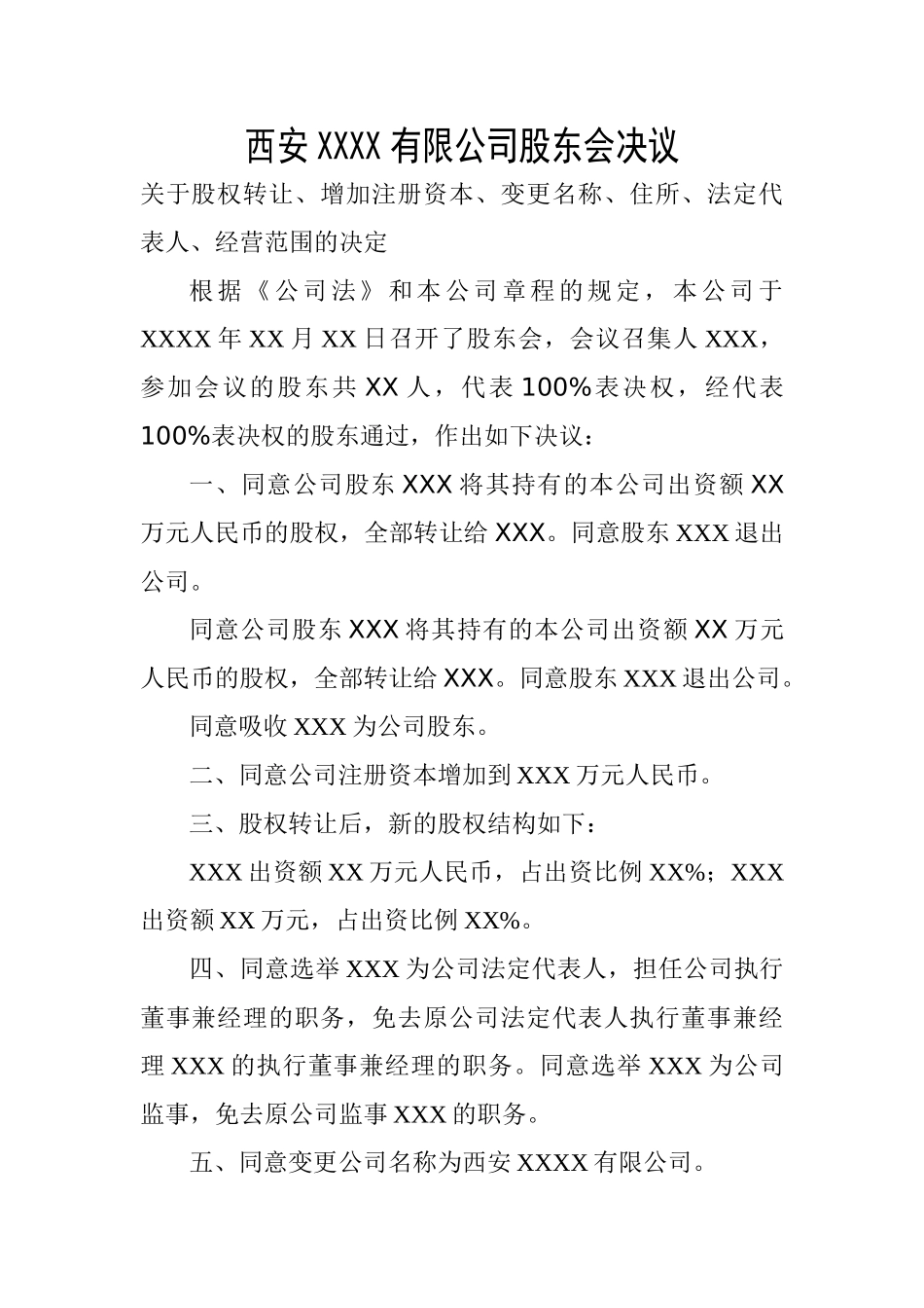 西安XX有限公司股东会决议章程修正案_第1页
