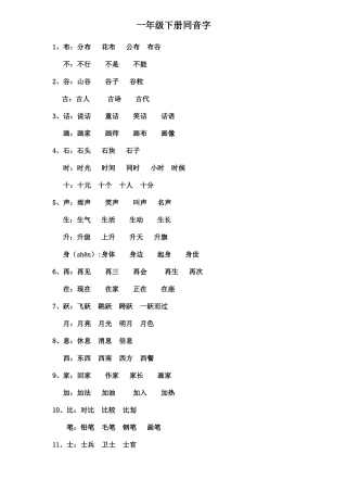苏教版一年级语文下册同音字归纳整理