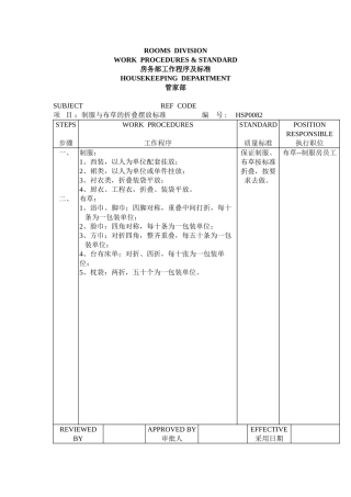 管家部布草--制服与布草的折叠摆放标准