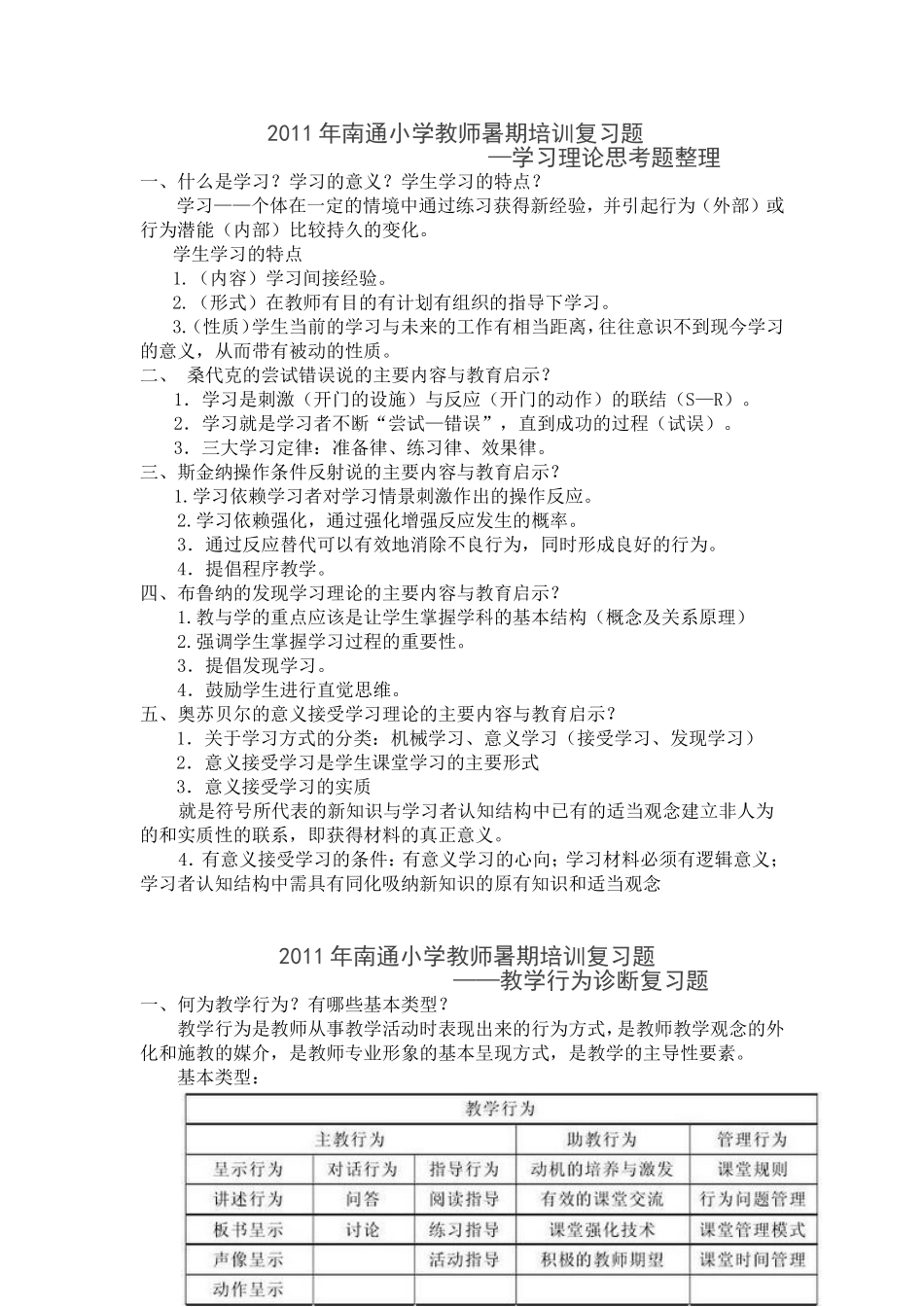 2011年南通小学教师暑期培训复习题_第1页