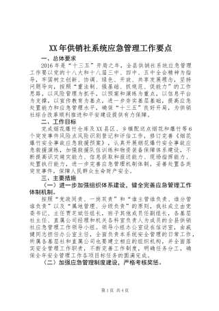 XX年供销社系统应急管理工作要点
