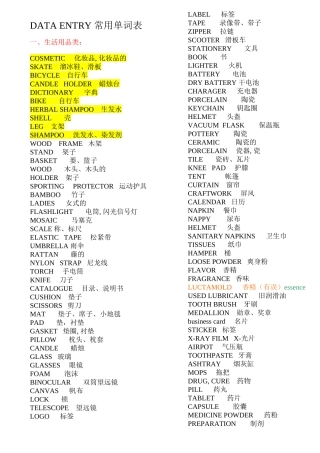 物流常用英文品名