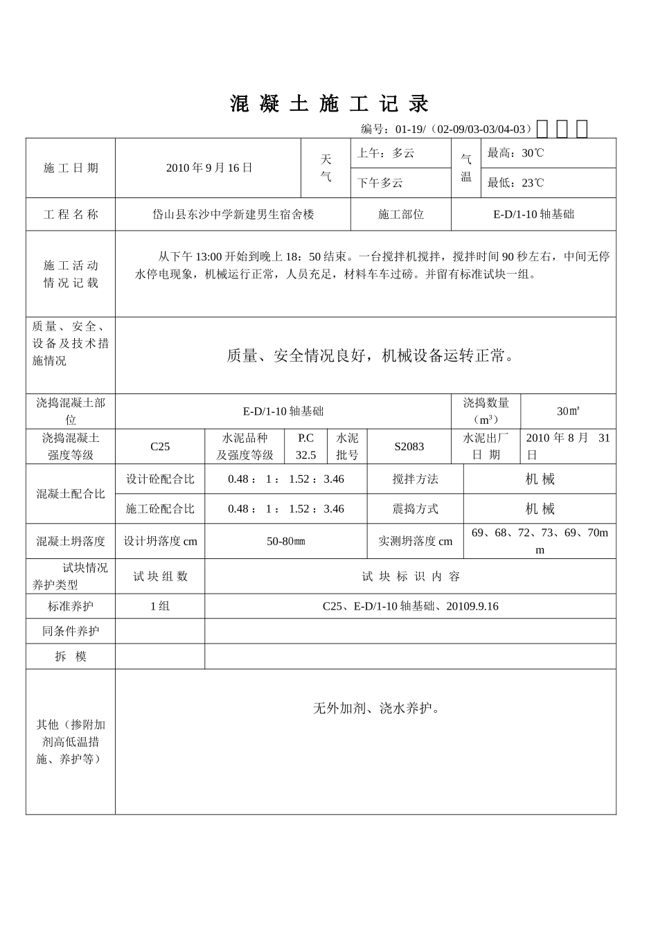 混  凝  土  施  工  记  录_第1页