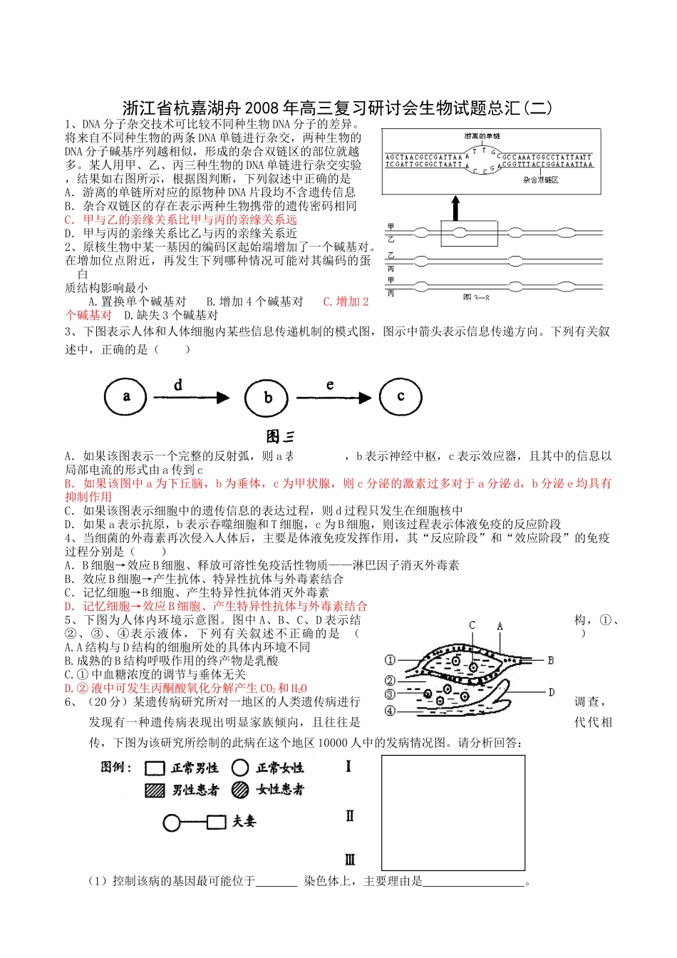 浙江省杭嘉湖舟四市2008年高三复习研讨会生物试题总汇(二)_第1页