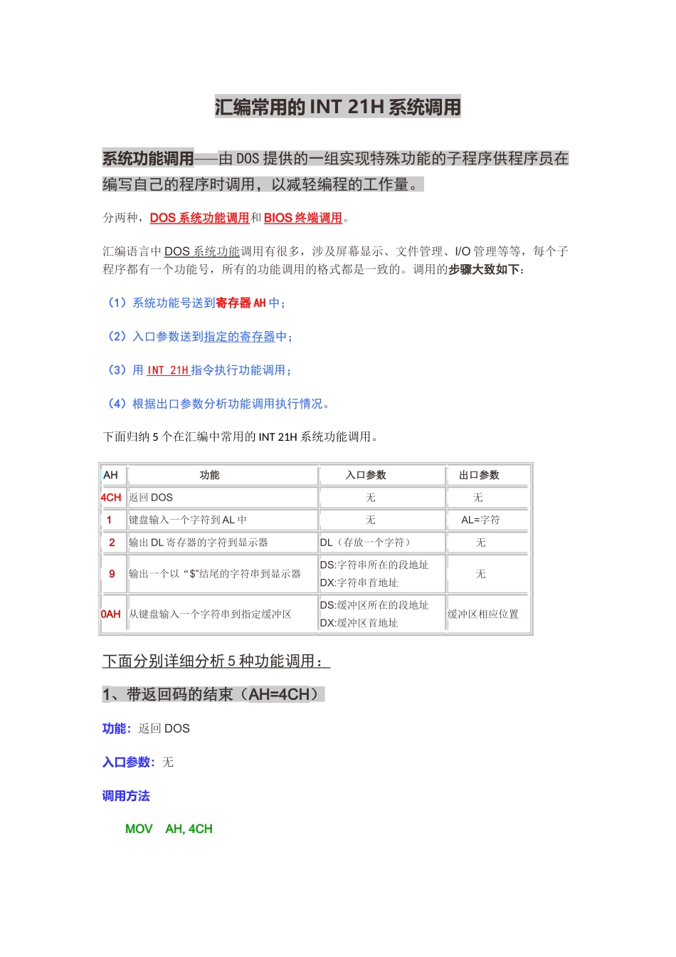 汇编常用的INT 21H系统调用_第1页