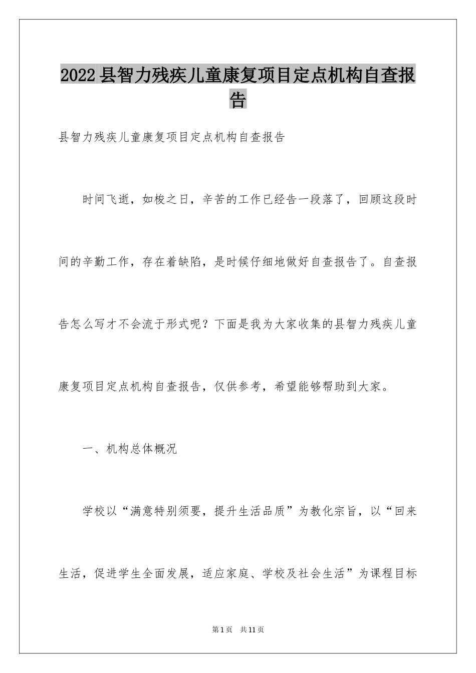2024县智力残疾儿童康复项目定点机构自查报告_第1页