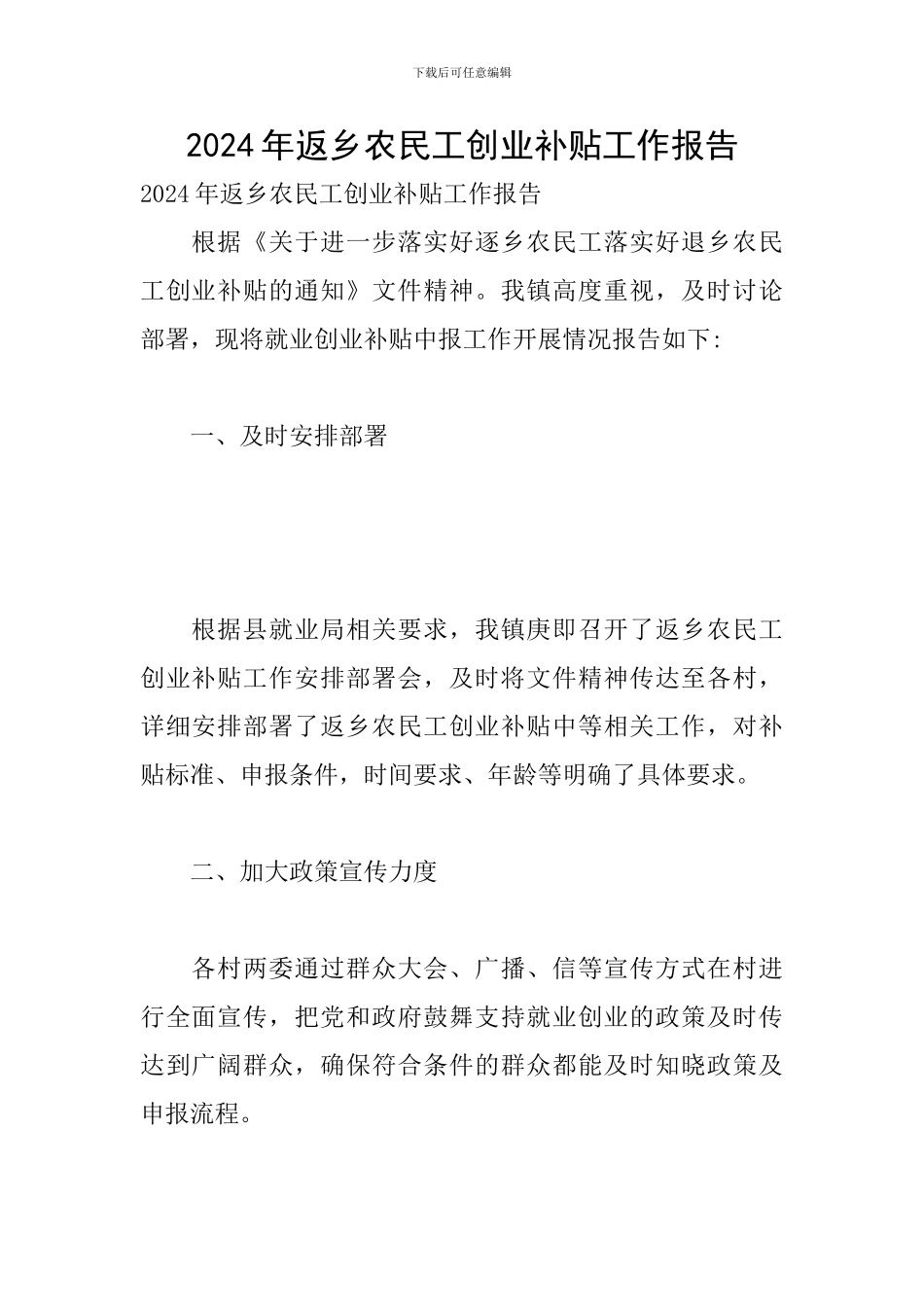 2024年返乡农民工创业补贴工作报告_第1页