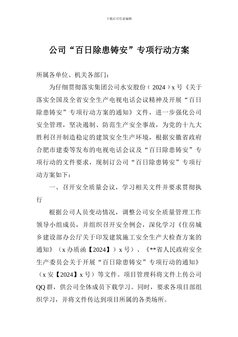 公司“百日除患铸安”专项行动方案_第1页
