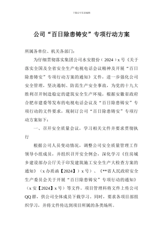 公司“百日除患铸安”专项行动方案