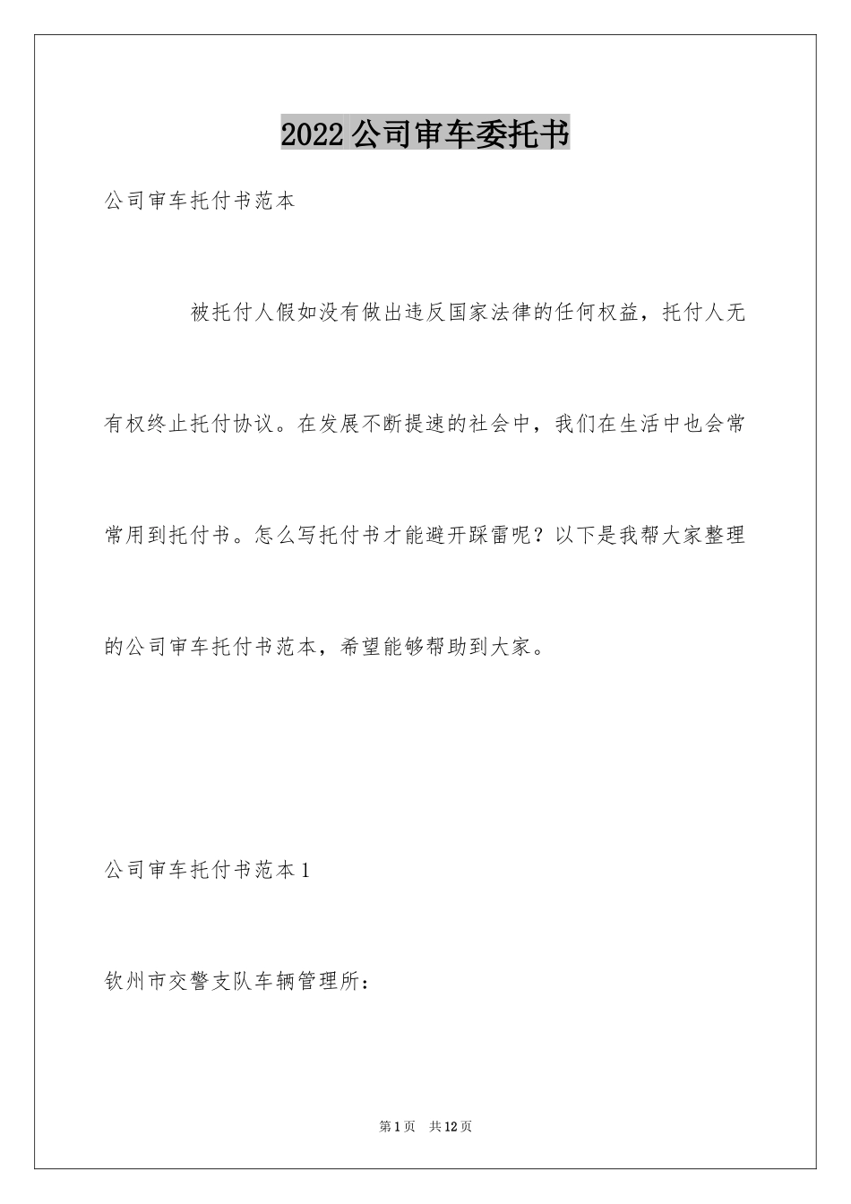 2024公司审车委托书_第1页
