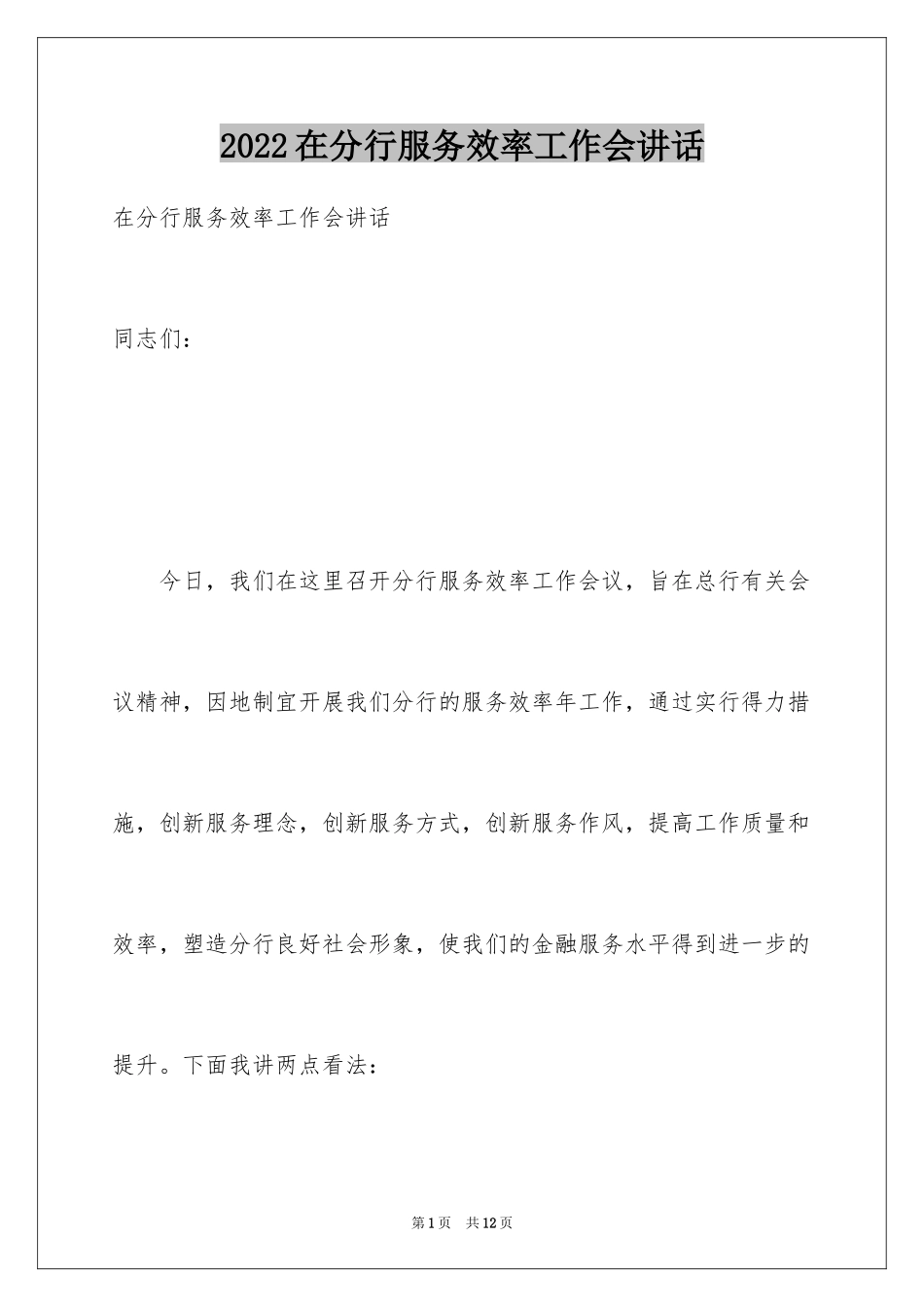 2024在分行服务效率工作会讲话_第1页