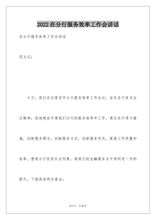 2024在分行服务效率工作会讲话
