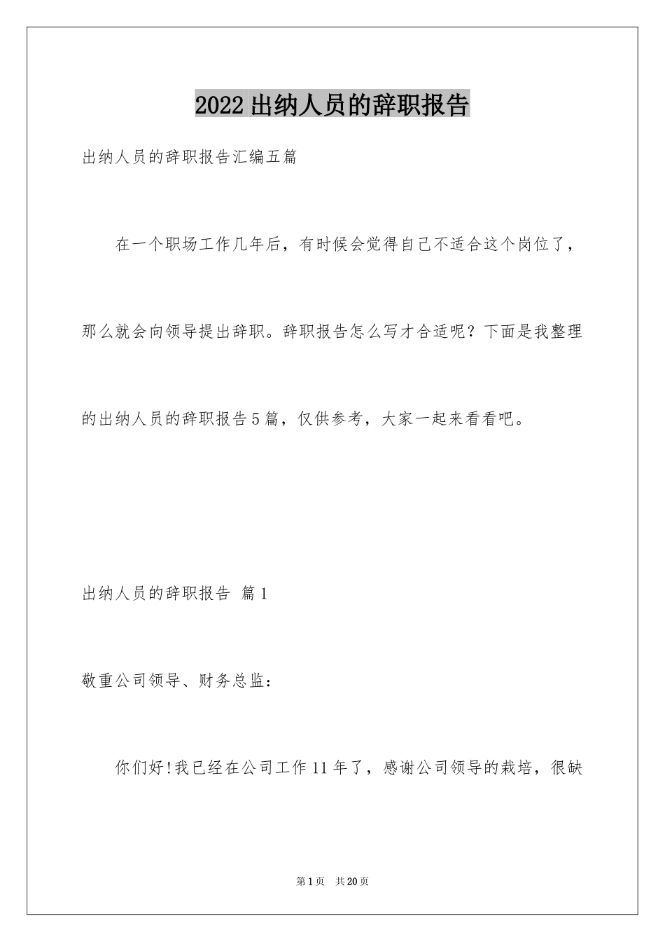 2024出纳人员的辞职报告_6_第1页