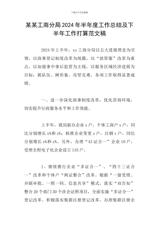 某某工商分局2024年半年度工作总结及下半年工作打算范文稿