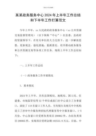 某某政务服务中心2024年上半年工作总结和下半年工作打算范文