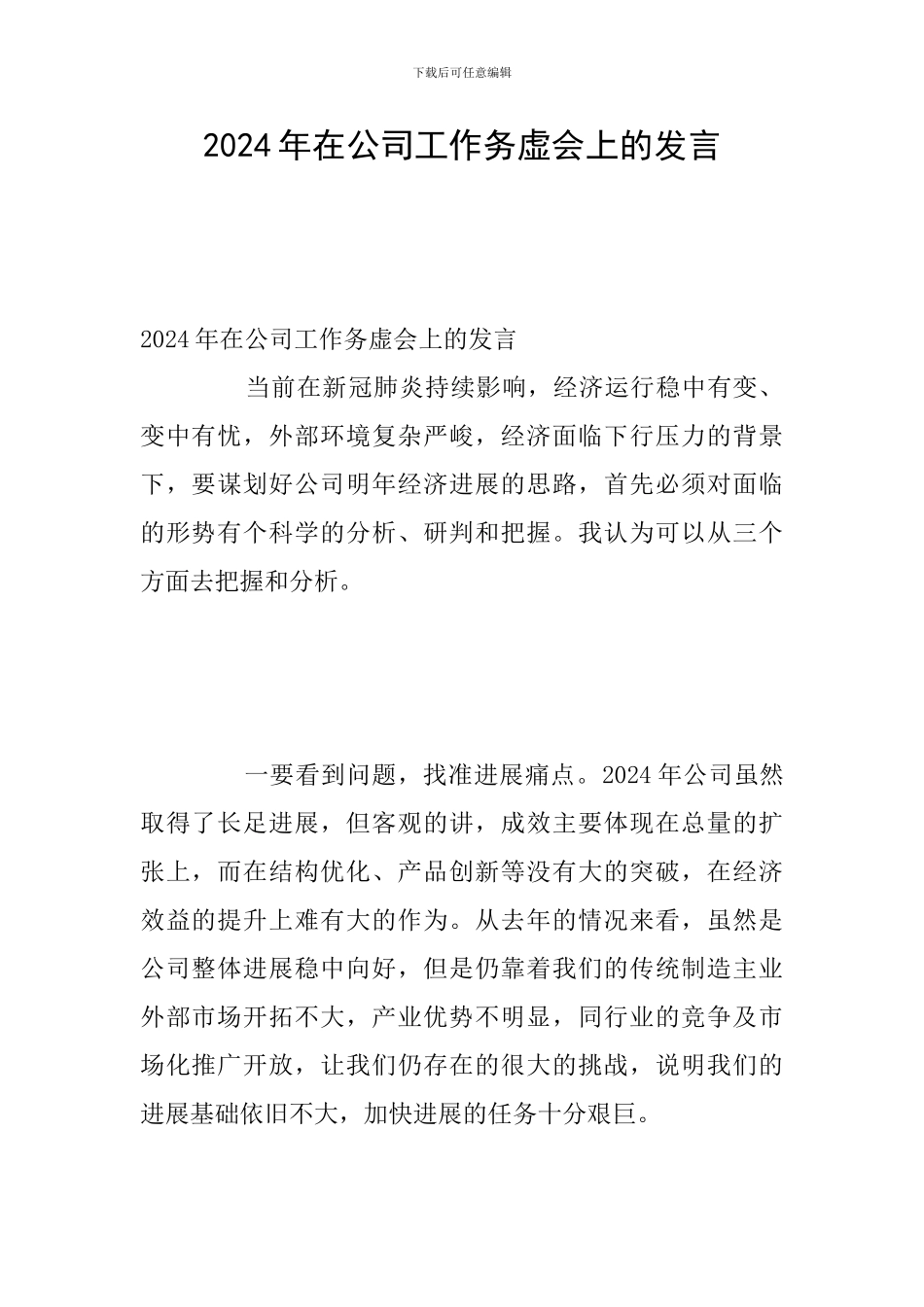 2024年在公司工作务虚会上的发言_第1页