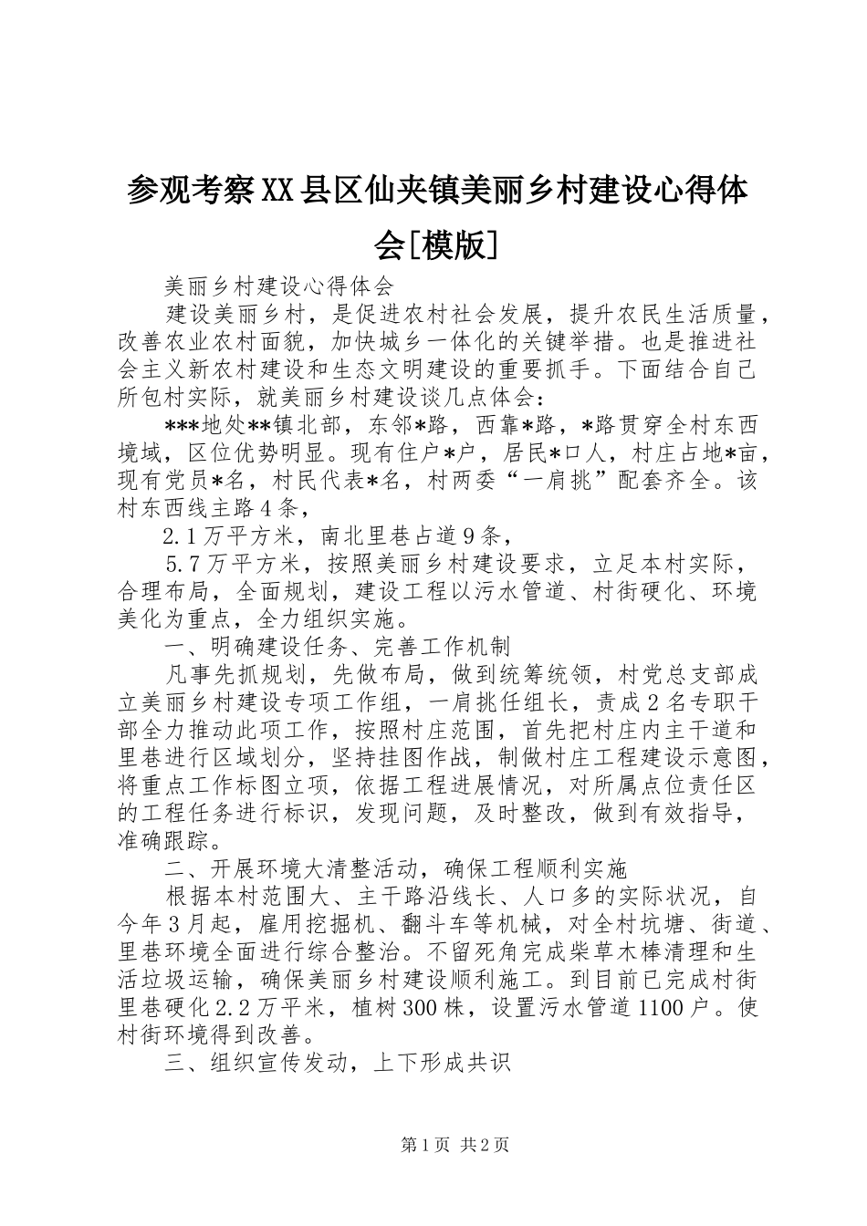 参观考察XX县区仙夹镇美丽乡村建设心得体会[模版]_第1页