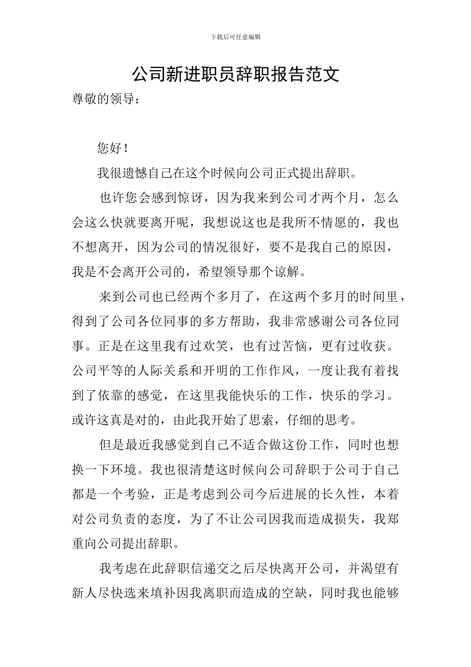 公司新进职员辞职报告范文_第1页