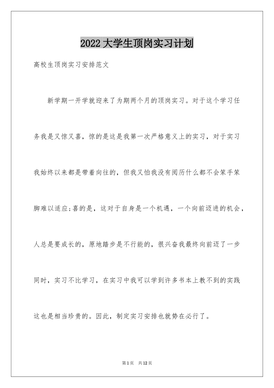 2024大学生顶岗实习计划_1_第1页