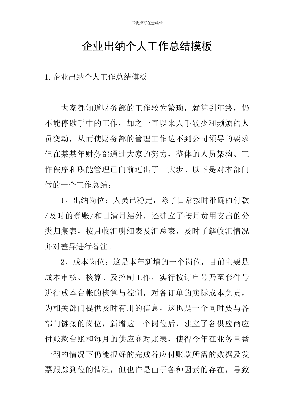 企业出纳个人工作总结模板_第1页