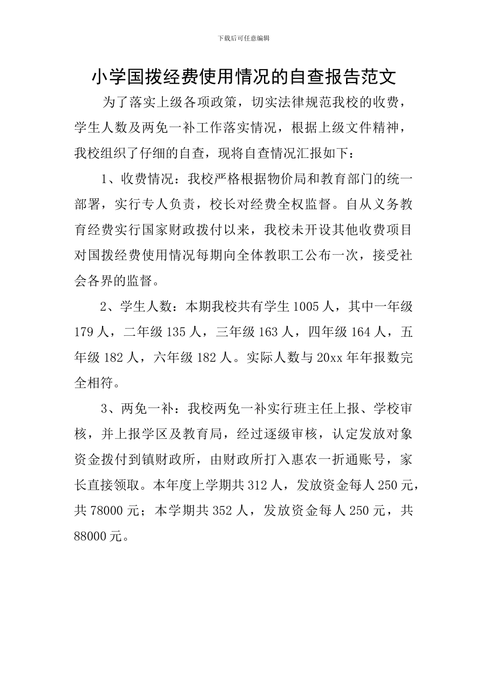 小学国拨经费使用情况的自查报告范文_第1页