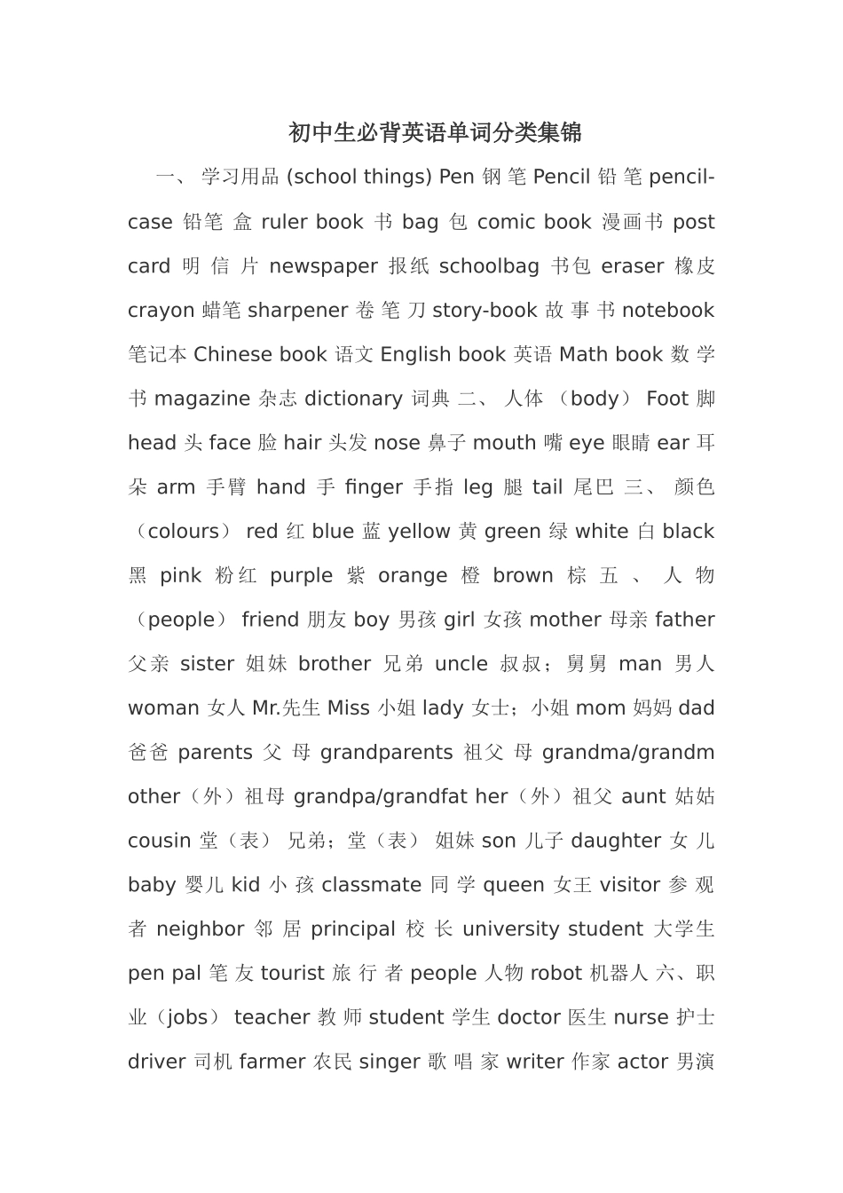 初中生必背英语单词分类集锦_第1页