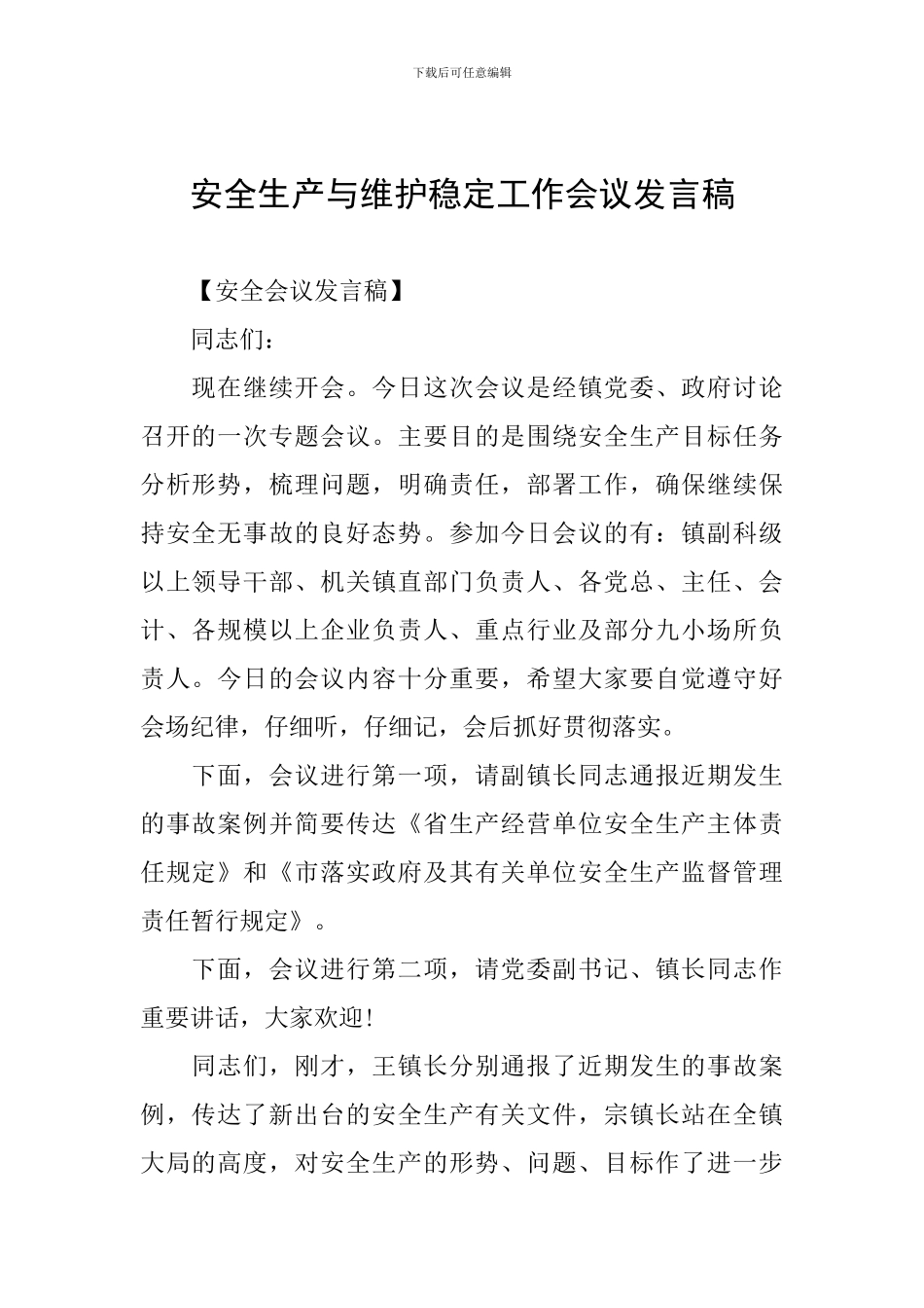 安全生产与维护稳定工作会议发言稿_第1页