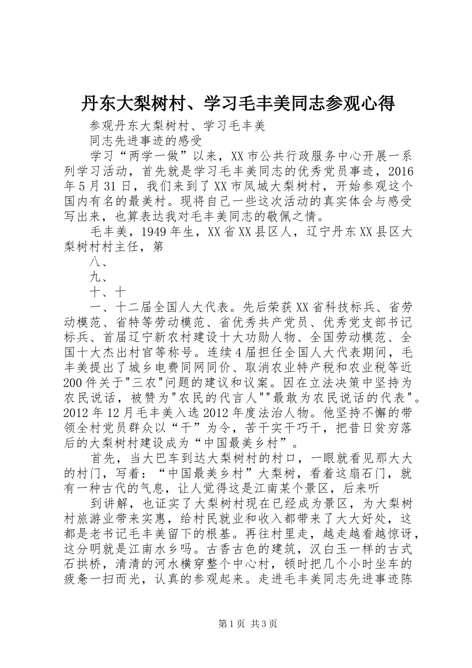 丹东大梨树村、学习毛丰美同志参观心得_第1页